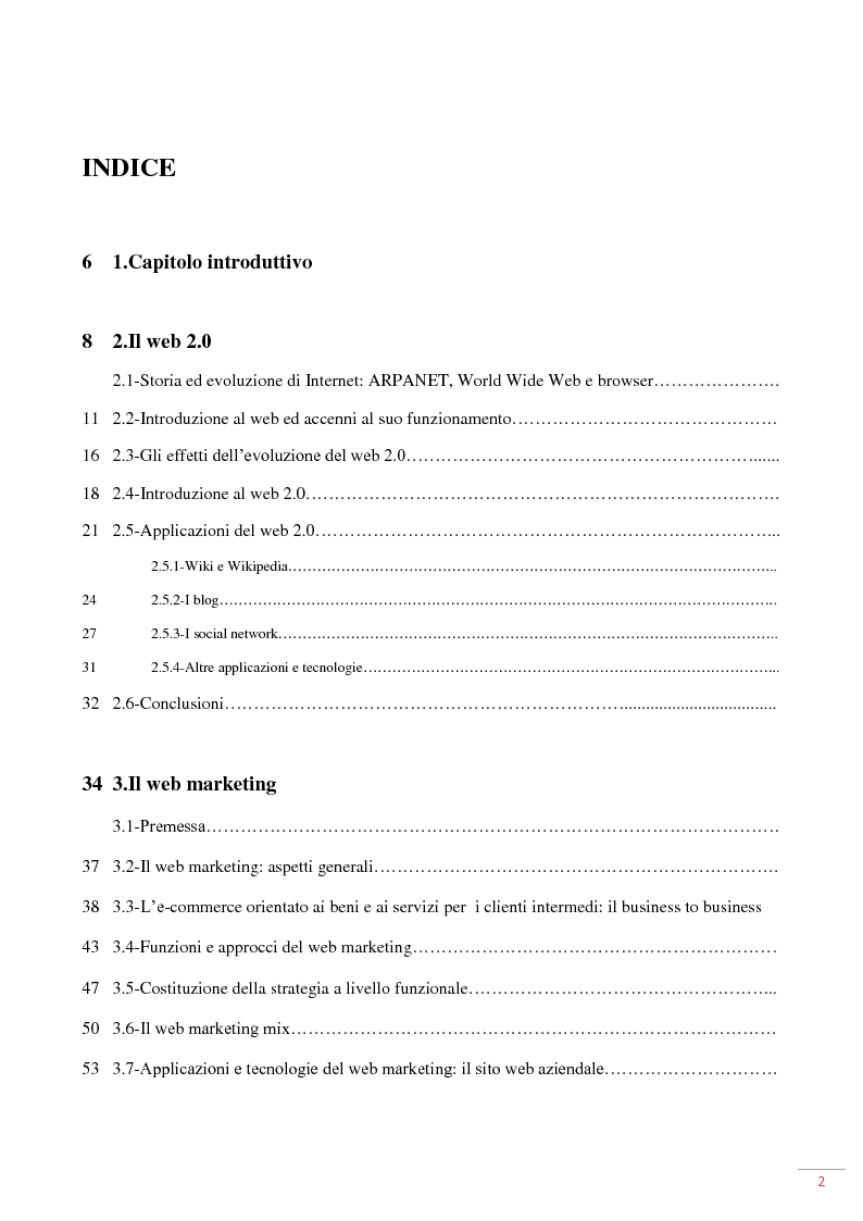 Indice della tesi: L'evoluzione del web 2.0: applicazioni ed usi per il marketing on-line, Pagina 1
