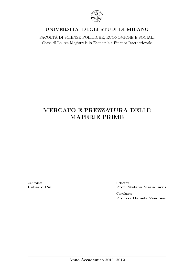 Anteprima della tesi: Mercato e prezzatura delle materie prime, Pagina 1