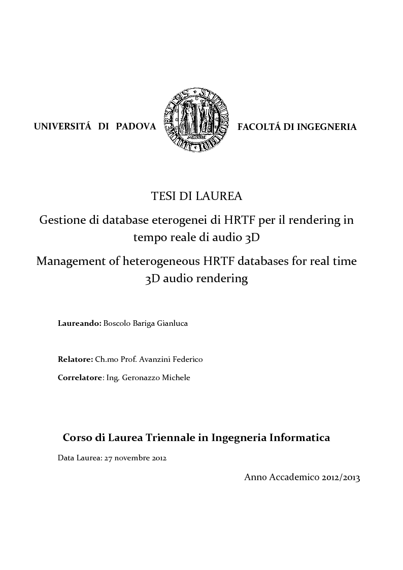 Anteprima della tesi: Gestione di database eterogenei di HRTF per il rendering in tempo reale di audio 3D, Pagina 1