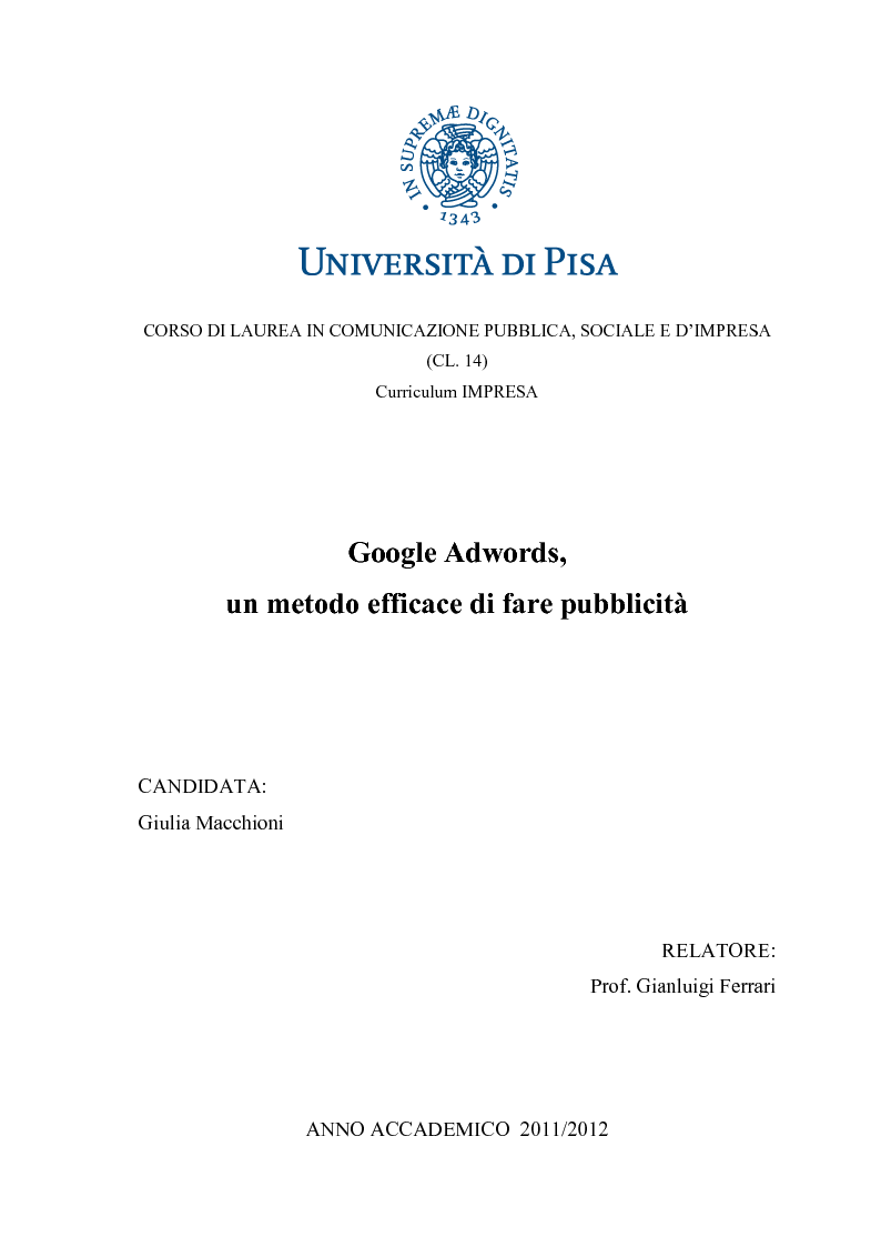 Anteprima della tesi: Google Adwords, un metodo efficace di fare pubblicità, Pagina 1