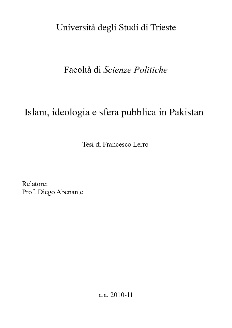 Anteprima della tesi: Islam, ideologia e sfera pubblica in Pakistan, Pagina 1