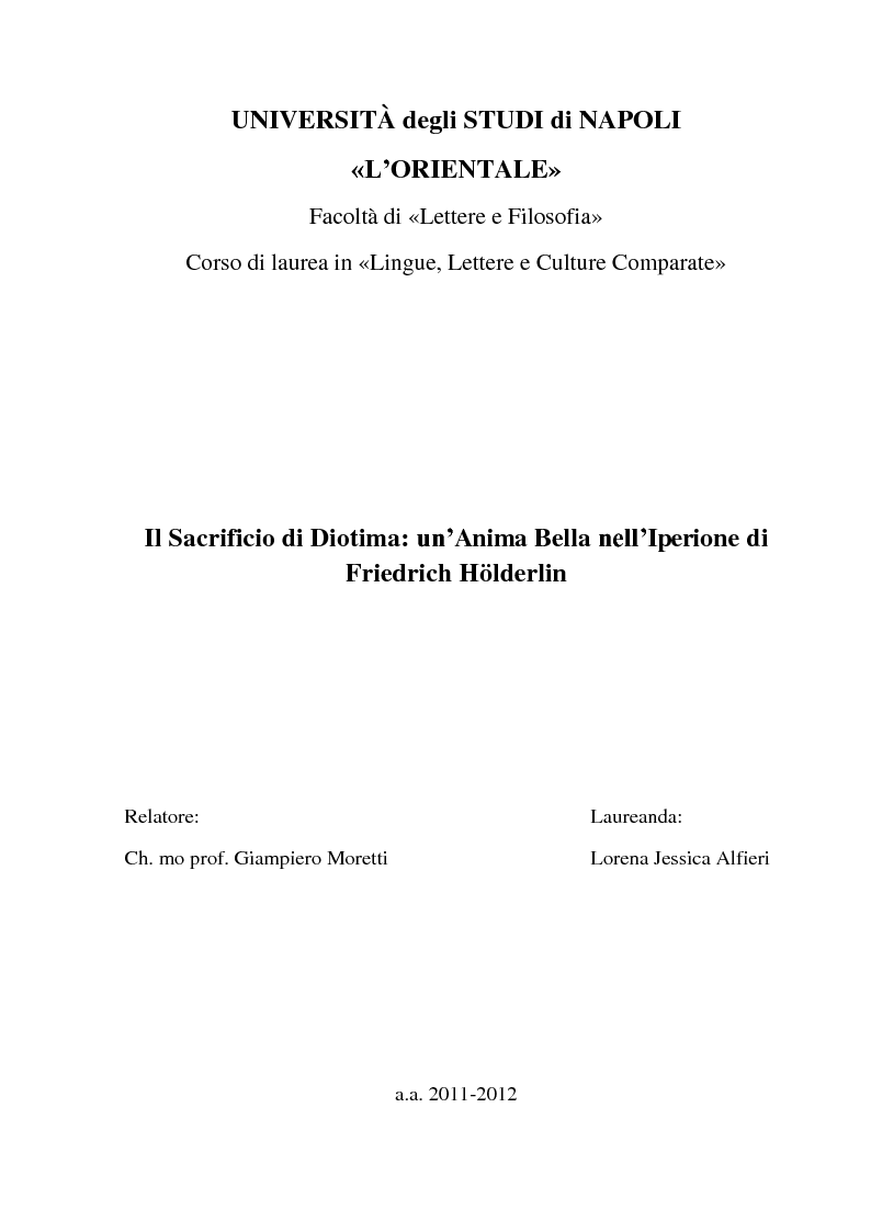 Anteprima della tesi: Il Sacrificio di Diotima: un'Anima Bella nell'Iperione di Friedrich Hoelderlin, Pagina 1