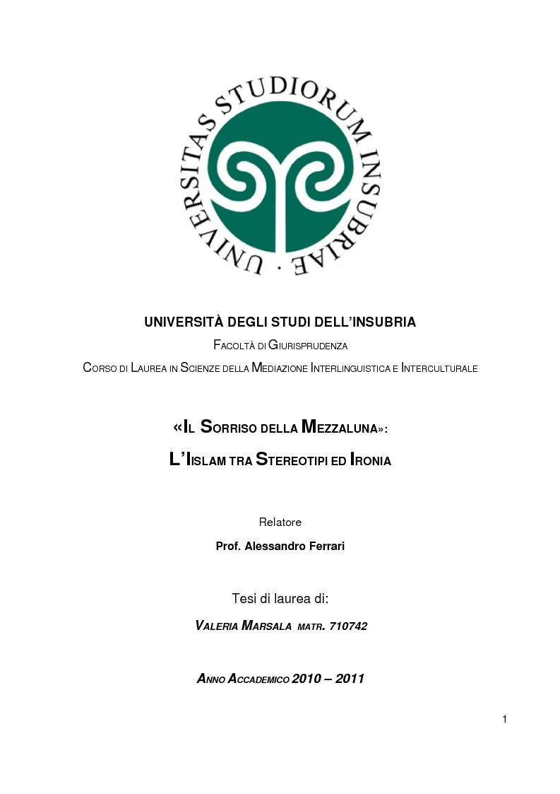 Anteprima della tesi: ''Il sorriso della Mezzaluna'': l'Islam tra stereotipi ed ironia , Pagina 1