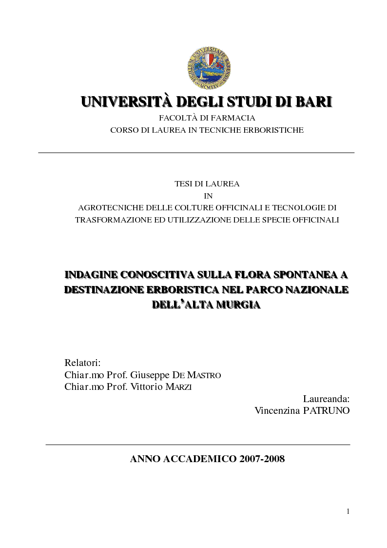 Anteprima della tesi: Indagine conoscitiva sulla flora spontanea a destinazione erboristica nel Parco Nazionale dell’Alta Murgia, Pagina 1