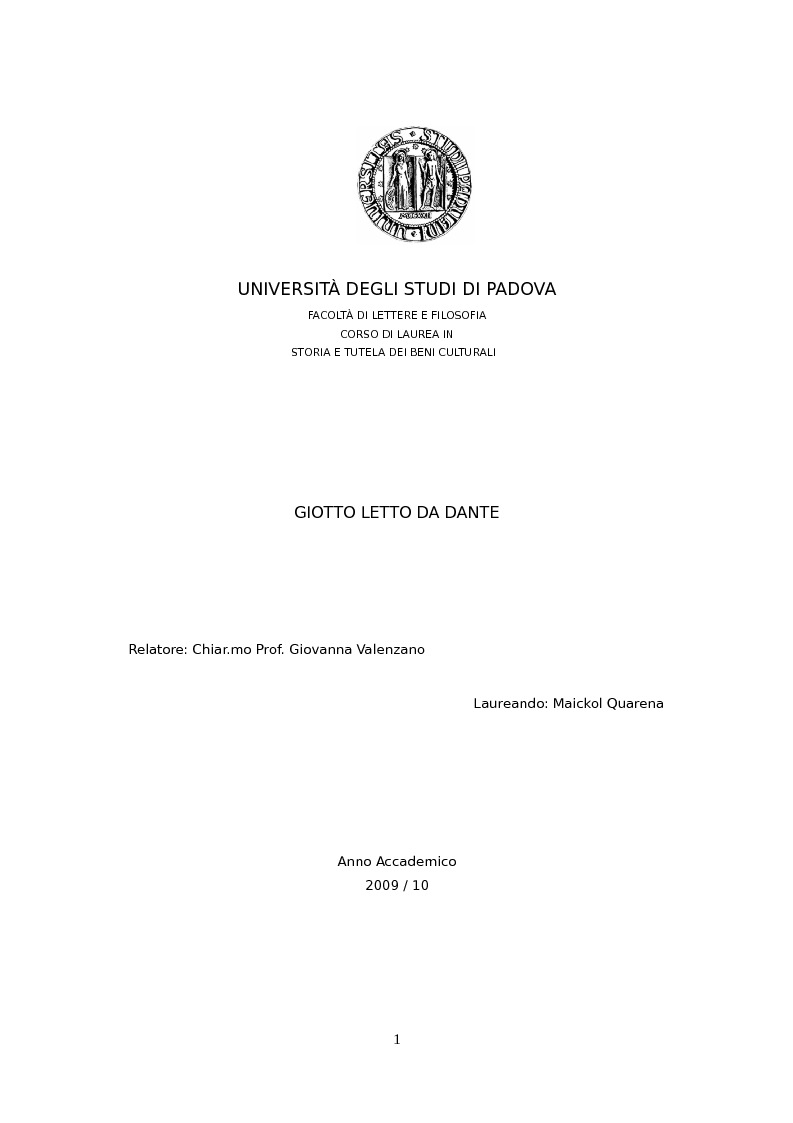 Anteprima della tesi: Giotto letto da Dante, Pagina 1