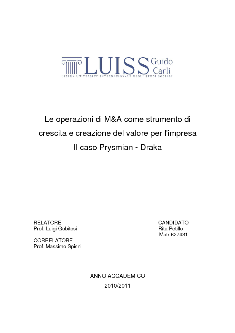 Anteprima della tesi: Le operazioni di M&A come strumento dicrescita e creazione del valore per l'impresa. Il caso Prysmian - Draka, Pagina 1