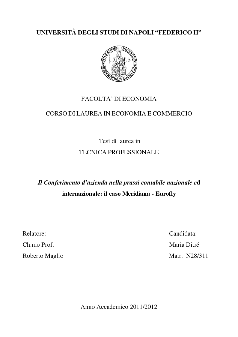 Anteprima della tesi: Il Conferimento d'azienda nella prassi contabile nazionale ed internazionale: il caso Meridiana-Eurofly, Pagina 1