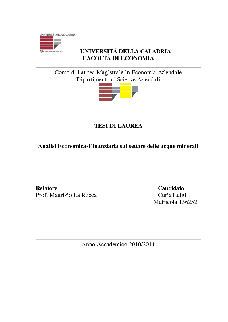 Anteprima della tesi: Analisi Economico-Finanziaria sul settore delle acque minerali, Pagina 1