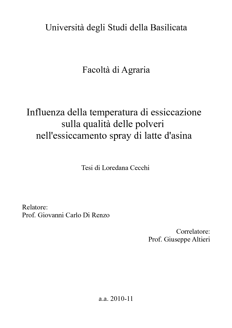 Anteprima della tesi: Influenza della temperatura di essiccazione sulla qualità delle polveri nell'essiccamento spray di latte d'asina, Pagina 1