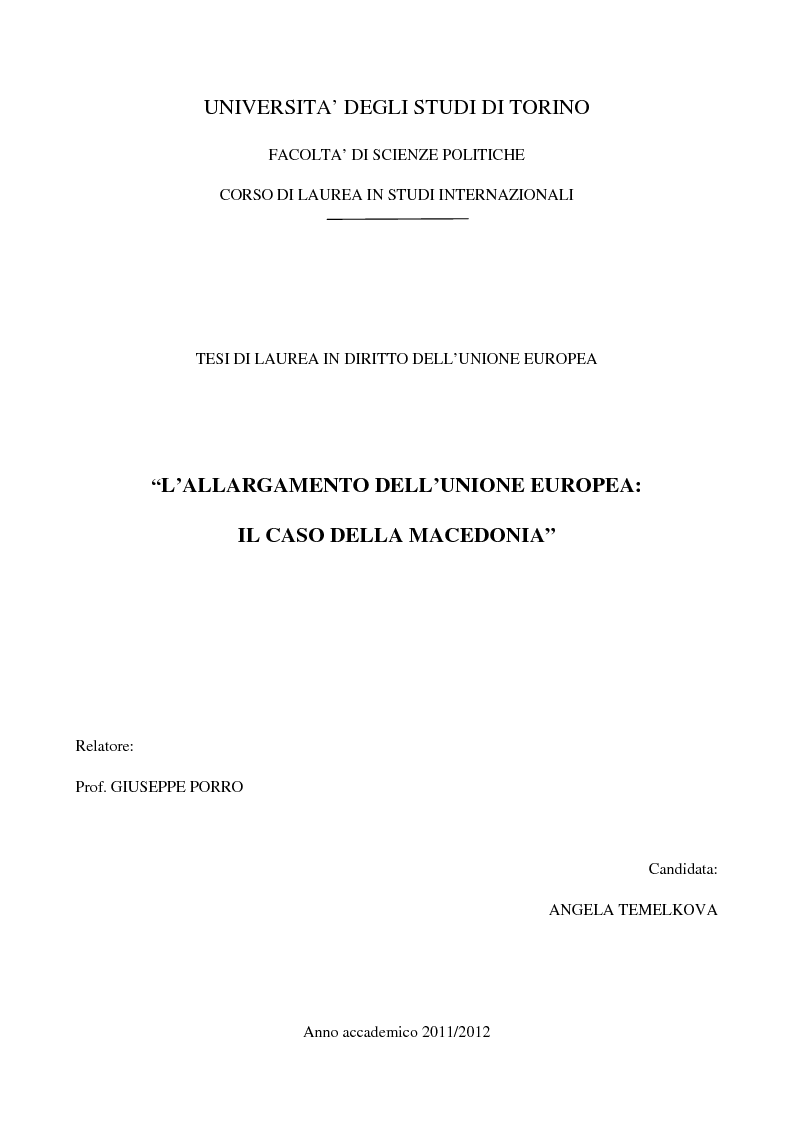 Anteprima della tesi: L'Allargamento dell'Unione europea: il caso della Macedonia, Pagina 1