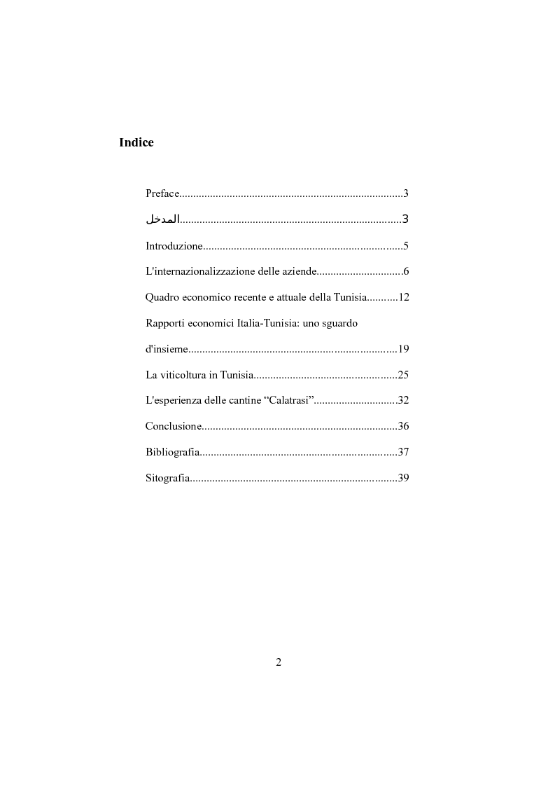 Indice della tesi: Internazionalizzazione e cooperazione economica. I rapporti tra Italia e Tunisia , Pagina 1