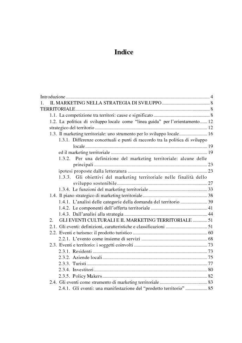 Indice della tesi: Eventi culturali e marketing territoriale: l'indagine empirica sul festival musicale di Umbria Jazz, Pagina 1