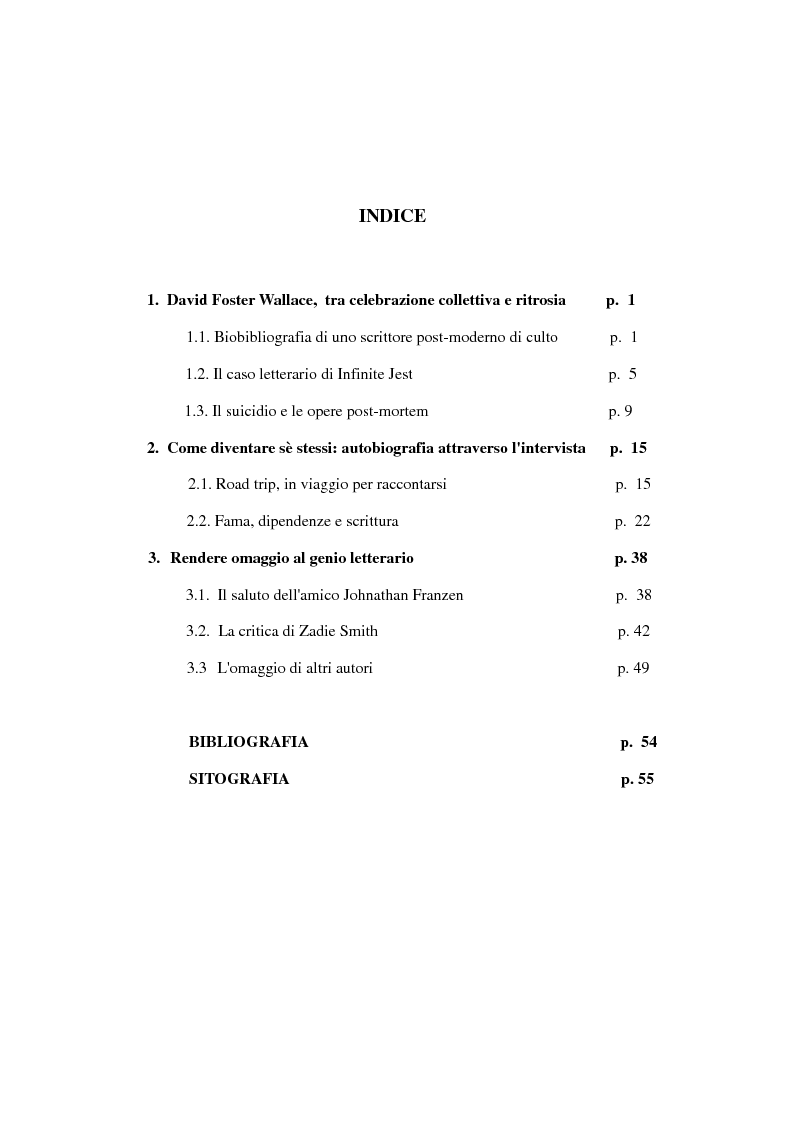 Indice della tesi: Il ritratto dell'artista da giovane - La vita di David Foster Wallace raccontata attraverso l'intervista, Pagina 1