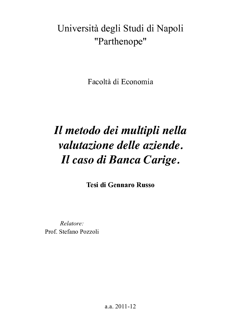 Anteprima della tesi: Il metodo dei multipli nella valutazione delle aziende. Il caso di Banca Carige., Pagina 1