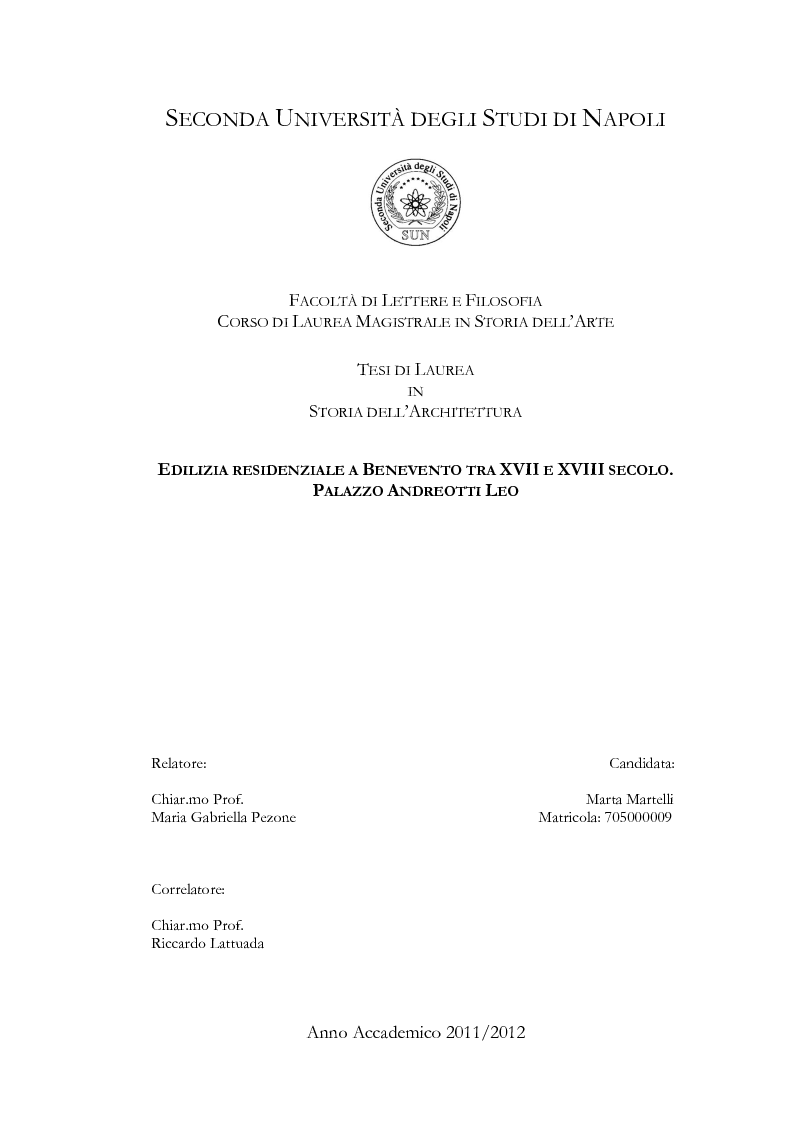 Anteprima della tesi: Edilizia residenziale a Benevento tra XVII e XVIII secolo. Palazzo Andreotti Leo, Pagina 1