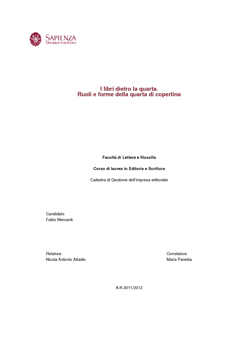 Anteprima della tesi: I libri dietro la quarta. Ruoli e forme della quarta di copertina, Pagina 1