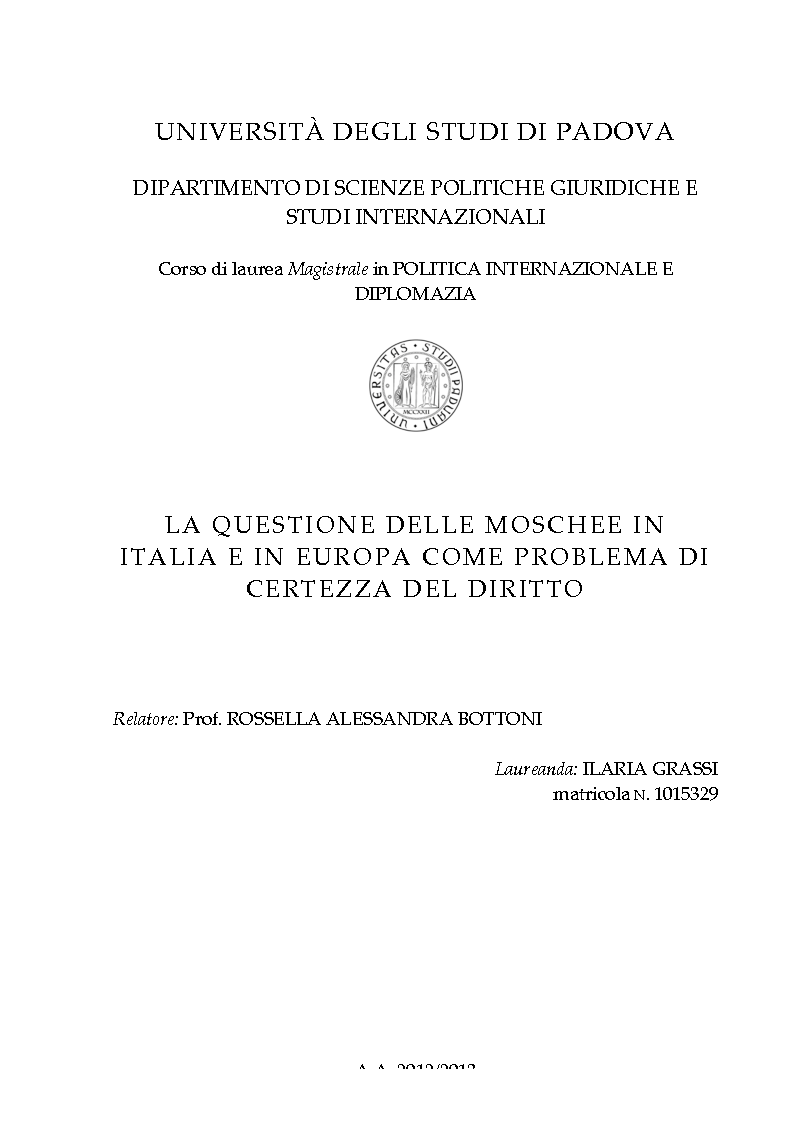 Anteprima della tesi: La questione delle moschee in Italia e in Europa come problema di certezza del diritto, Pagina 1