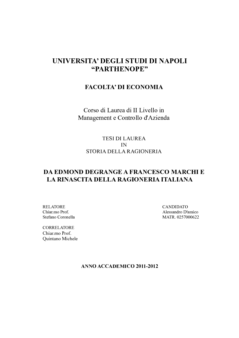 Anteprima della tesi: Da Edmond Degrange a Francesco Marchi e la rinascita della ragioneria italiana, Pagina 1