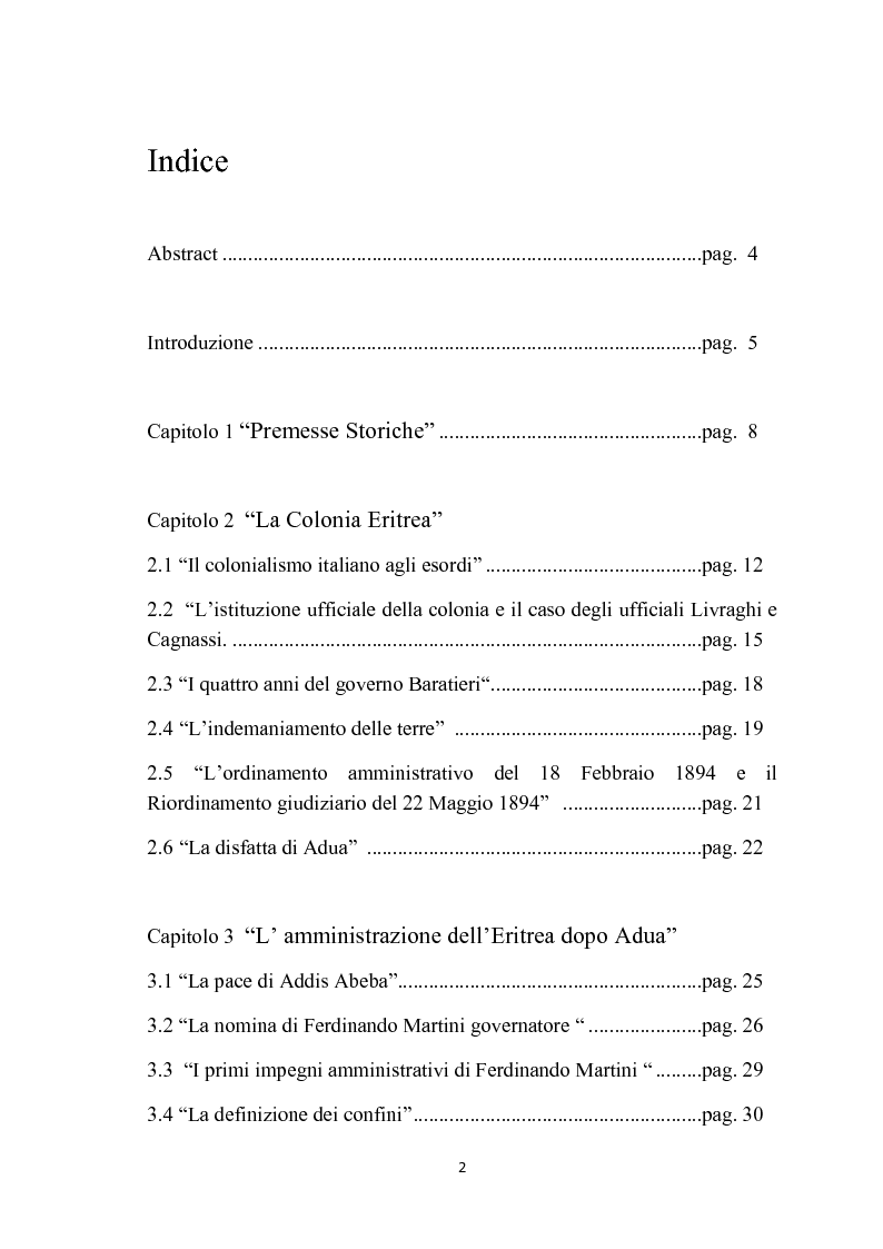 Indice della tesi: La politica coloniale e amministrativa italiana in Eritrea dal 1880 al 1912, Pagina 1