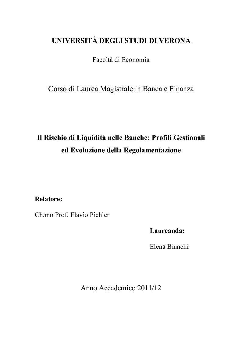 Anteprima della tesi: Il rischio di liquidità nelle banche: profilo gestionali ed evoluzione della regolamentazione, Pagina 1