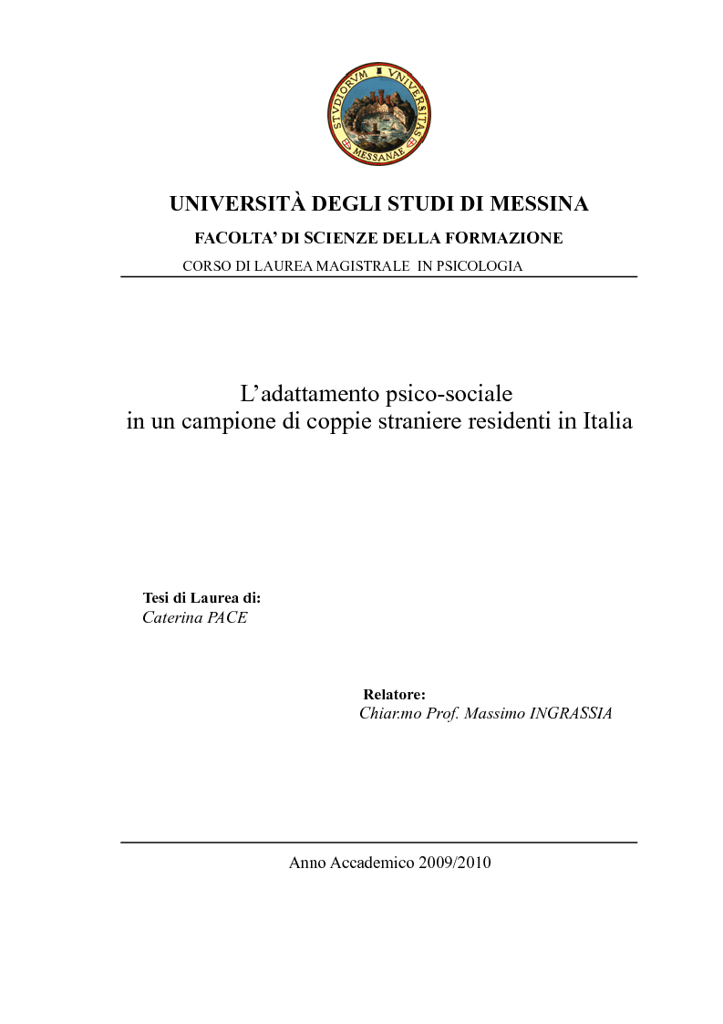 Anteprima della tesi: L'adattamento psico-sociale in un campione di coppie straniere residenti in Italia, Pagina 1