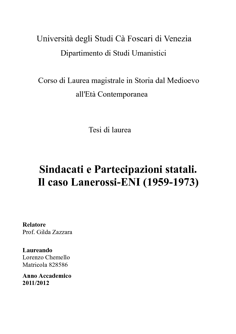Anteprima della tesi: Sindacati e Partecipazioni statali. Il caso Lanerossi-ENI (1959-1973), Pagina 1