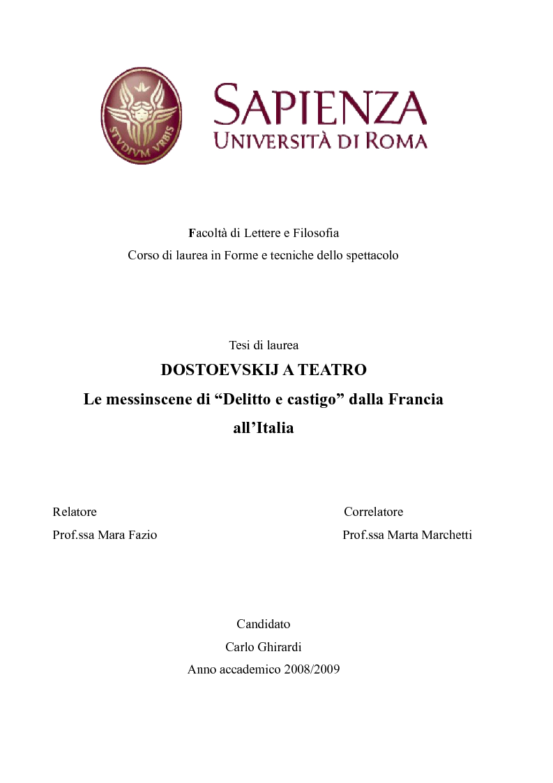Anteprima della tesi: Dostoevskij a teatro: le messinscene di "Delitto e castigo" dalla Francia all'Italia, Pagina 1