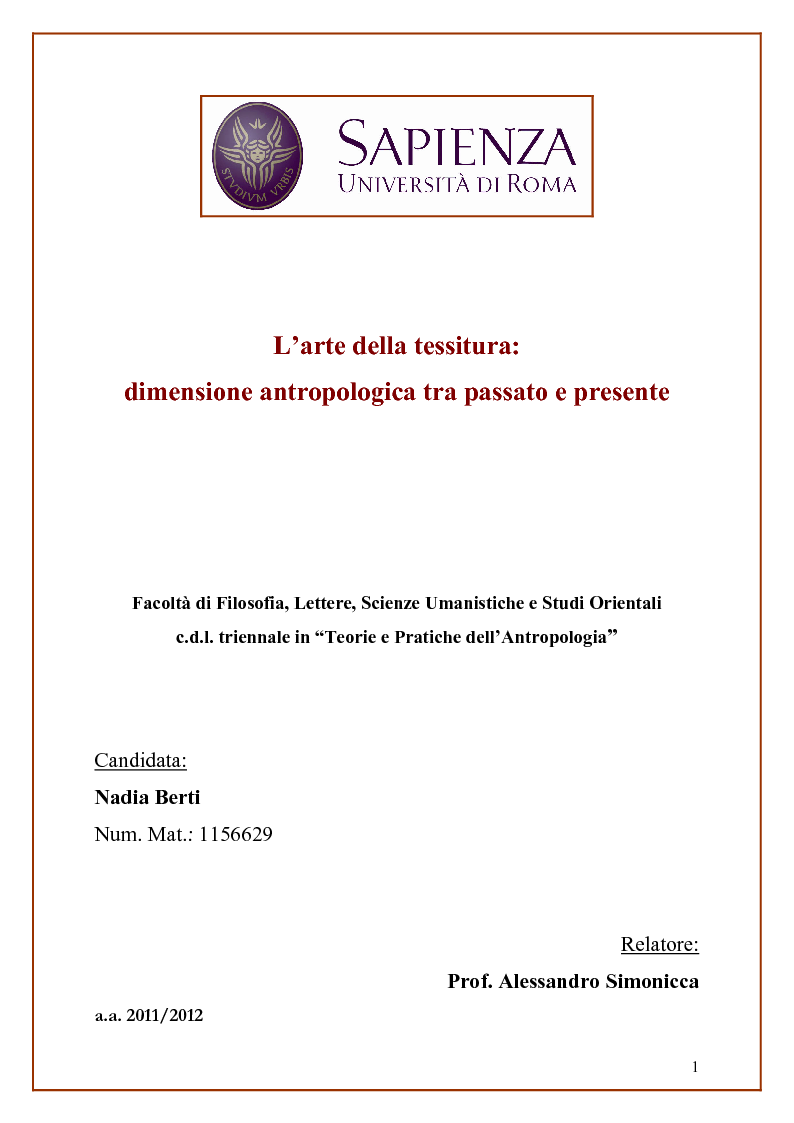 Anteprima della tesi: L'arte della tessitura: dimensione antropologica tra passato e presente, Pagina 1