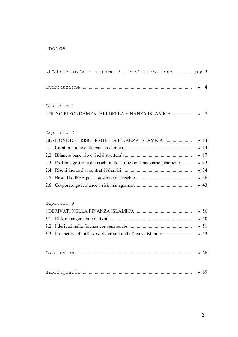 Indice della tesi: Gestione del rischio nella finanza islamica , Pagina 1