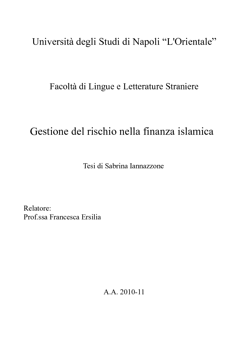Anteprima della tesi: Gestione del rischio nella finanza islamica , Pagina 1