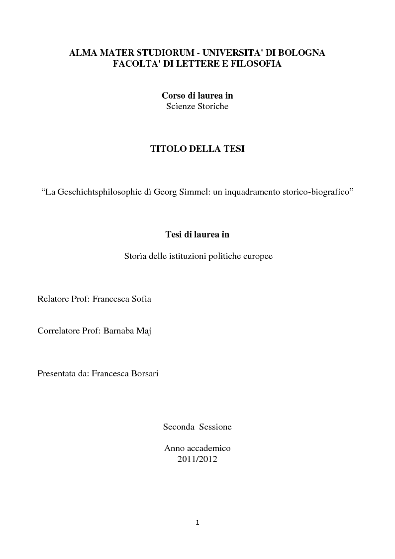 Anteprima della tesi: La Geschichtsphilosophie di Georg Simmel: un inquadramento storico-biografico, Pagina 1