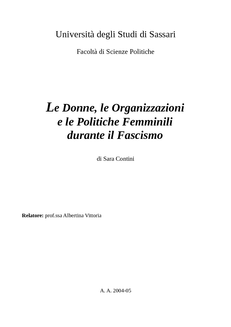 Anteprima della tesi: Le Donne, le Organizzazioni e le Politiche Femminili durante il Fascismo., Pagina 1