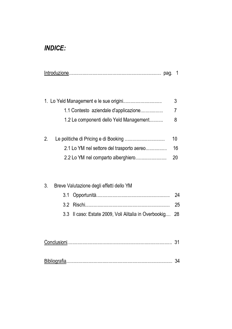 Indice della tesi: Le Politiche di Yeld Management nel Settore Turistico, Pagina 1