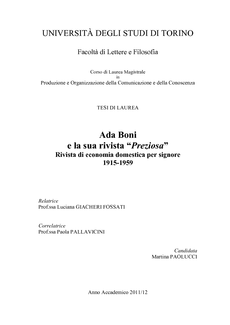 Anteprima della tesi: Ada Boni e la sua rivista ''Preziosa''. Rivista di economia domestica per signore (1915-1959), Pagina 1