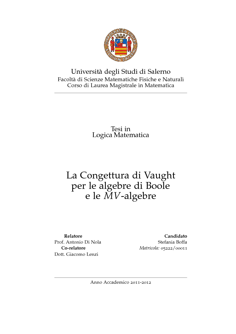 Anteprima della tesi: La Congettura di Vaught per le algebre di Boole e le MV-algebre, Pagina 1