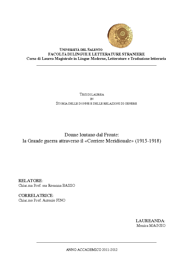 Anteprima della tesi: Donne lontano dal Fronte: la Grande guerra attraverso il «Corriere Meridionale» (1915-1918), Pagina 1