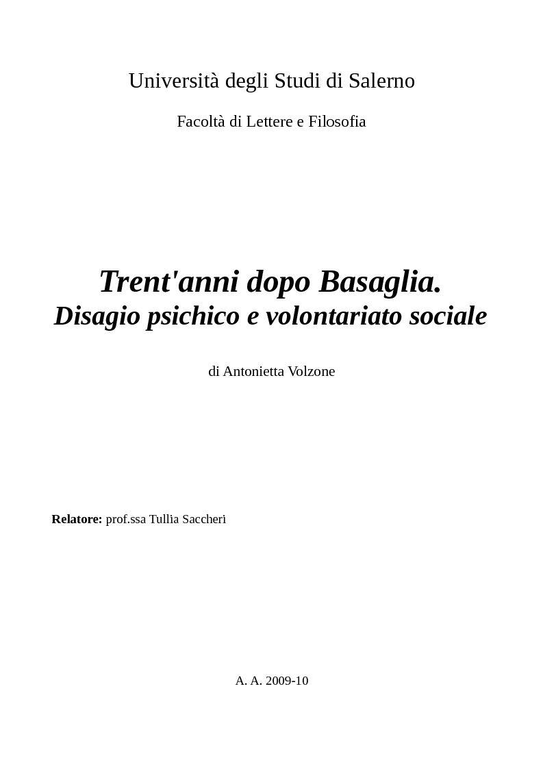 Anteprima della tesi: Trent'anni dopo Basaglia. Disagio psichico e volontariato sociale, Pagina 1