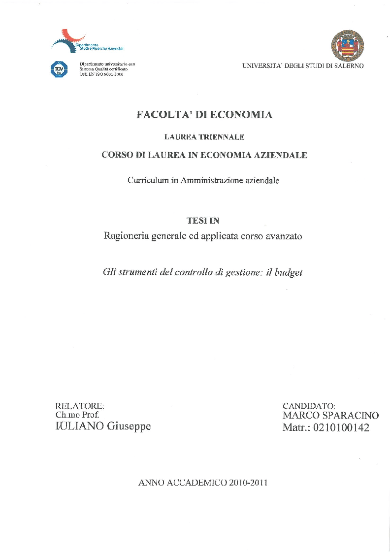 Anteprima della tesi: Gli strumenti del controllo di gestione: Il budget , Pagina 1