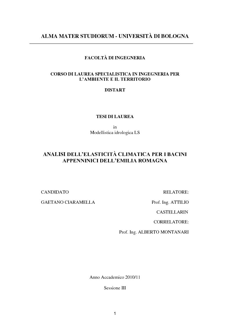 Anteprima della tesi: Analisi dell’elasticità climatica per i bacini appenninici dell’Emilia Romagna, Pagina 1