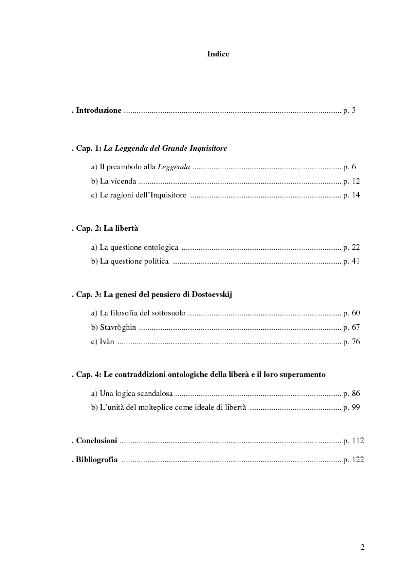 Indice della tesi: La Leggenda del Grande Inquisitore e la questione ontologica della libertà, Pagina 1