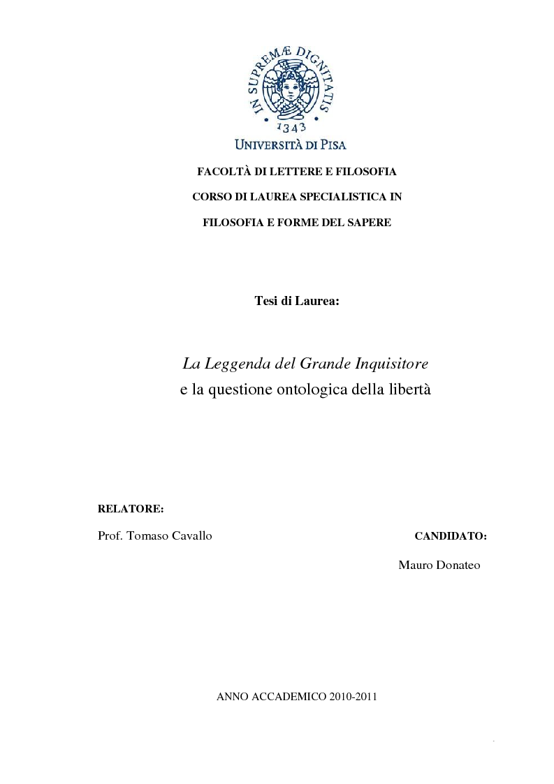 Anteprima della tesi: La Leggenda del Grande Inquisitore e la questione ontologica della libertà, Pagina 1