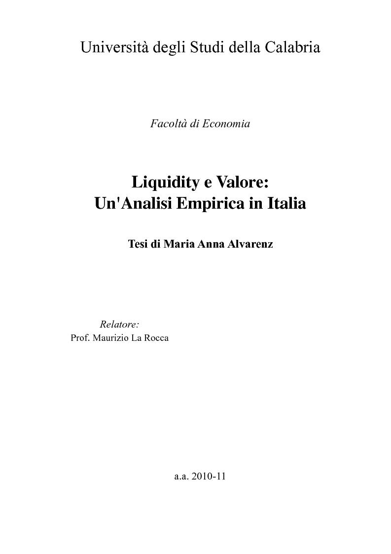 Anteprima della tesi: Liquidity e Valore: un'Analisi Empirica in Italia, Pagina 1