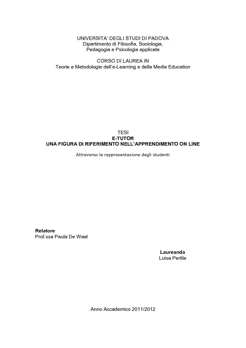 Anteprima della tesi: E-Tutor:una figura di riferimento nell'apprendimento online - attraverso la rappresentazione degli studenti, Pagina 1