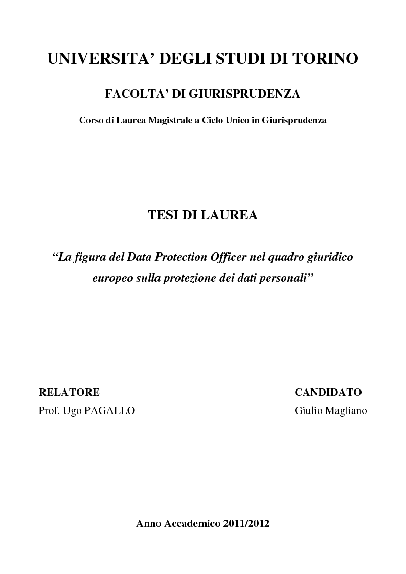 Anteprima della tesi: La figura del Data Protection Officer nel quadro giuridico europeo sulla protezione dei dati personali, Pagina 1