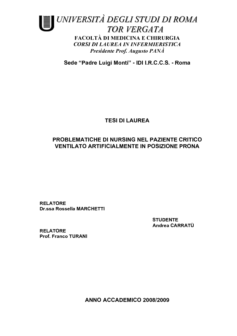 Anteprima della tesi: Problematiche di nursing nel paziente critico ventilato artificialmente in posizione prona, Pagina 1