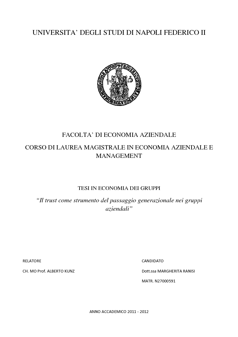Anteprima della tesi: Il trust come strumento del passaggio generazionale nei gruppi aziendali, Pagina 1