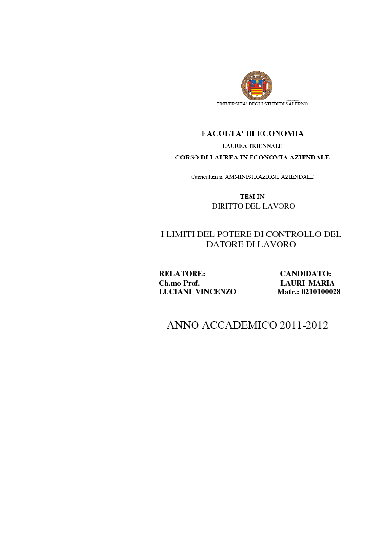 Anteprima della tesi: I limiti del potere di controllo del datore di lavoro, Pagina 1