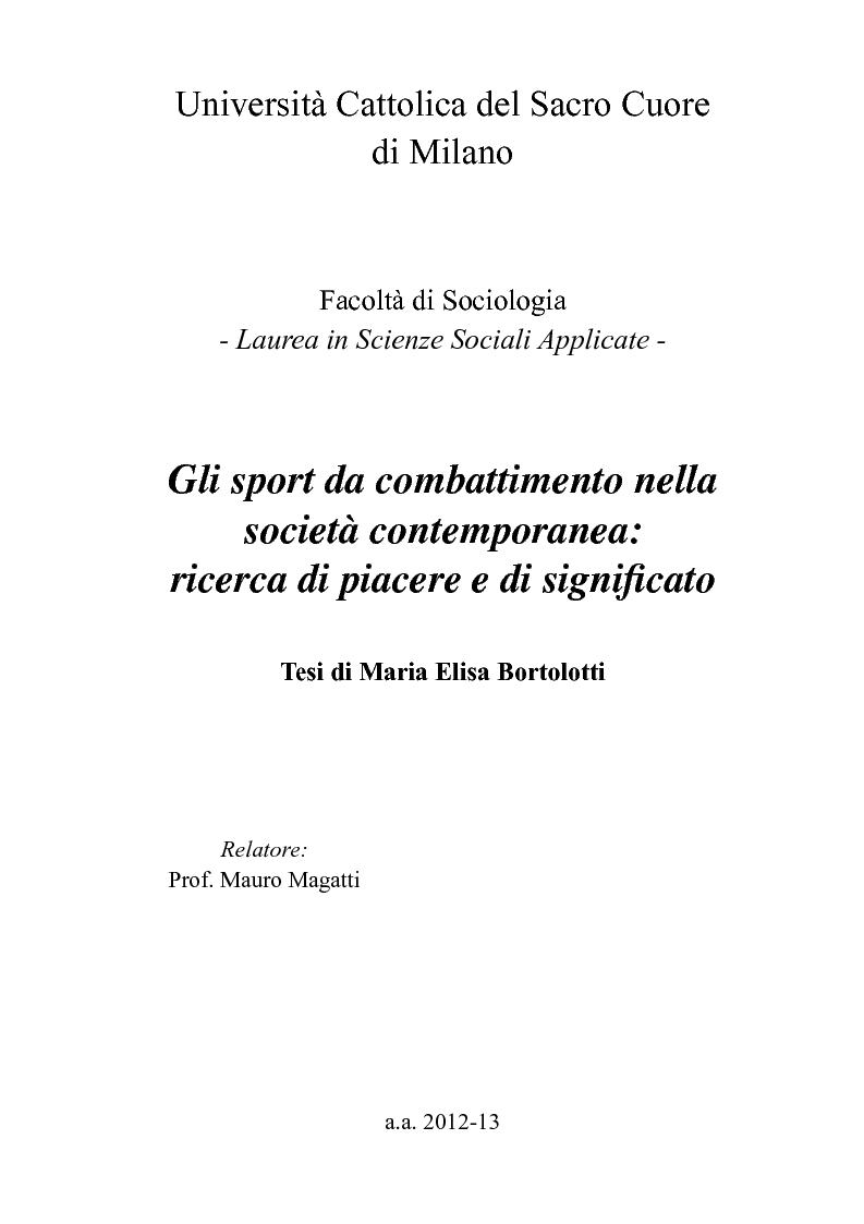 Anteprima della tesi: Gli sport da combattimento nella società contemporanea: ricerca di piacere e di significato, Pagina 1