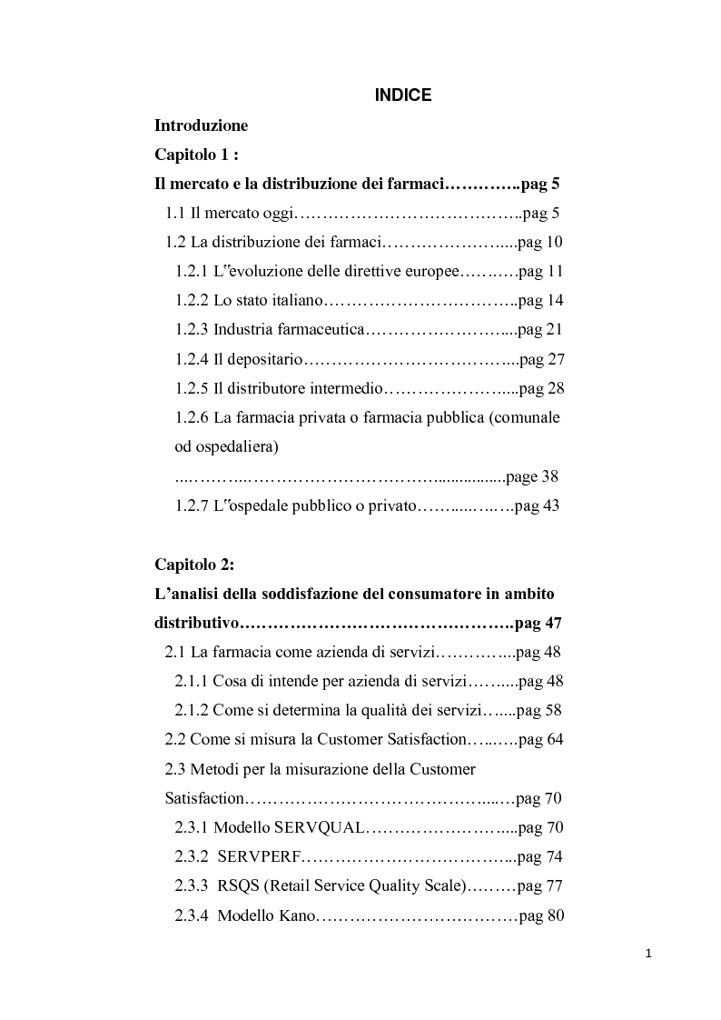 Indice della tesi: La soddisfazione del consumatore nel campo dei servizi commerciali. Analisi empirica sulla distribuzione farmaceutica., Pagina 1