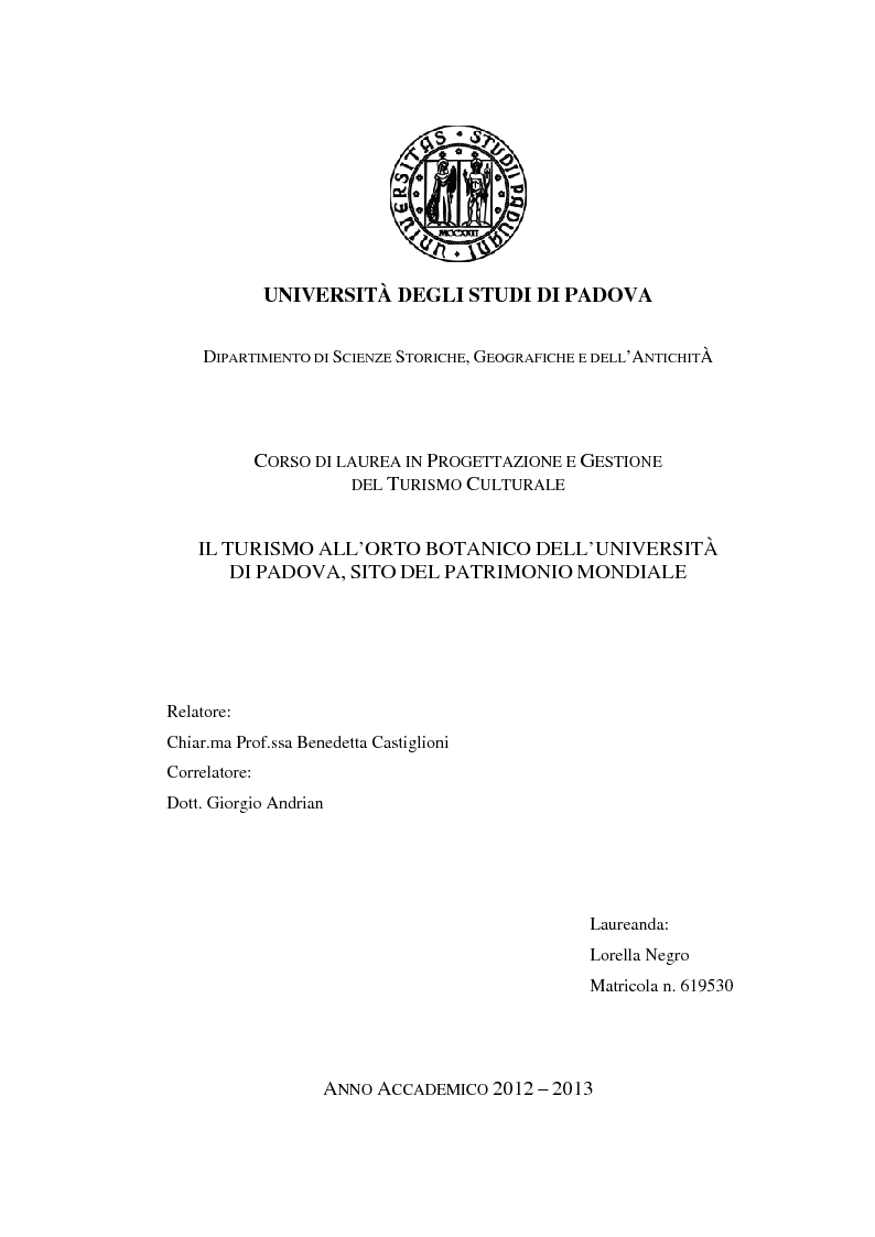 Anteprima della tesi: Il turismo all'Orto Botanico dell'Università di Padova, sito del Patrimonio Mondiale, Pagina 1